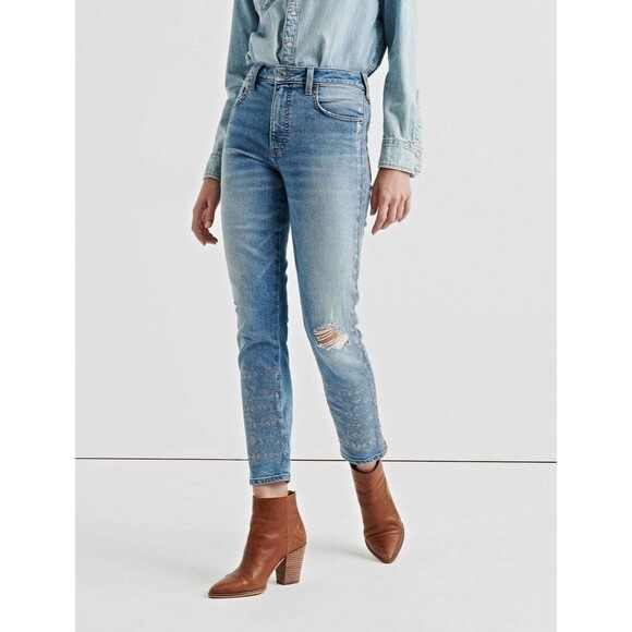 Lucky Brand Denim - New Lucky Brand The High Rise Tomboy Jeans Distressed Silver Embellished Size 2